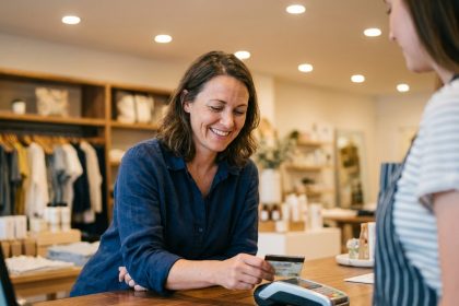 Femme utilisant une carte de fidélité en magasin lors d'un achat, illustrant les programmes de fidélisation client