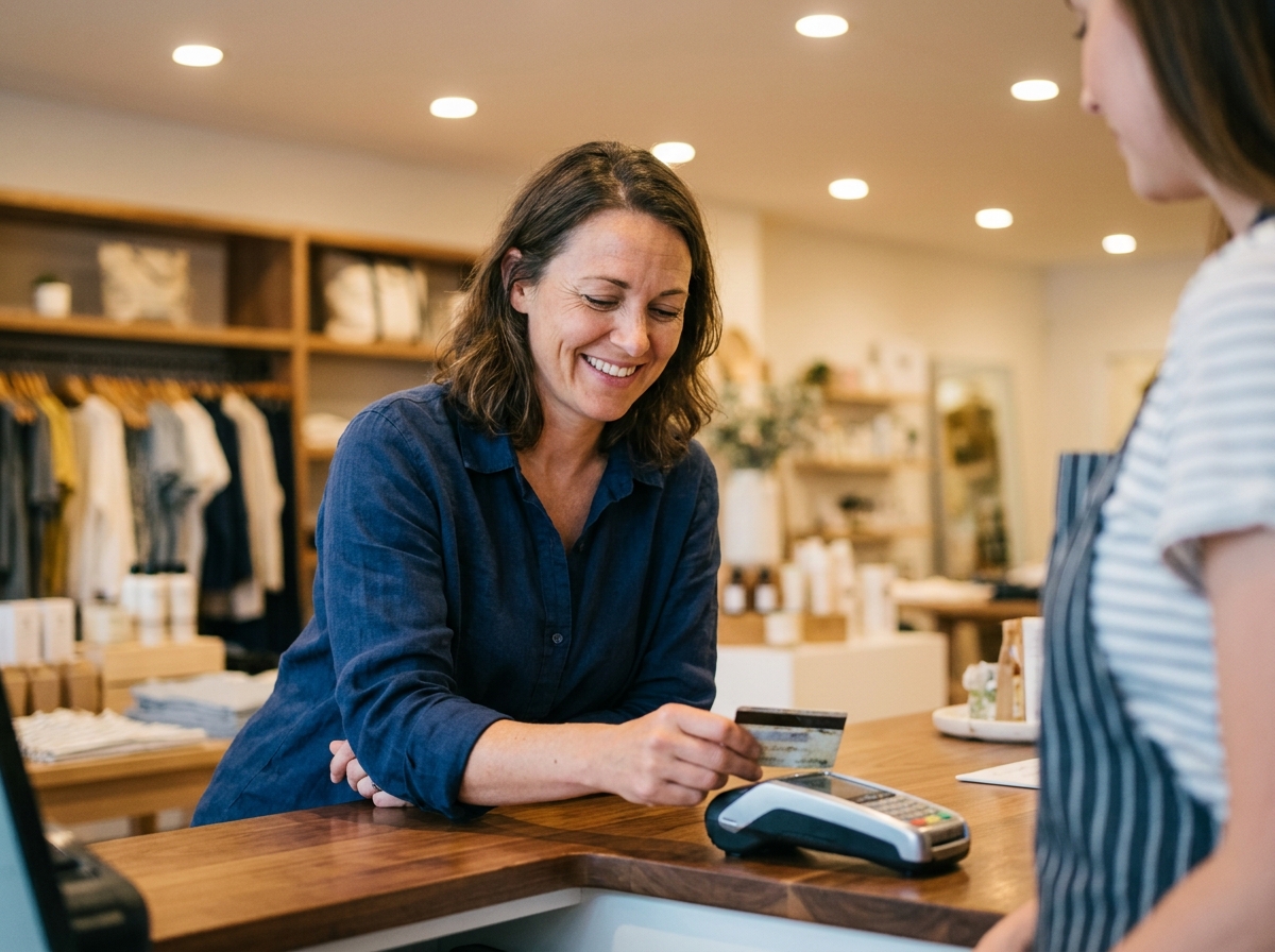 Femme utilisant une carte de fidélité en magasin lors d'un achat, illustrant les programmes de fidélisation client