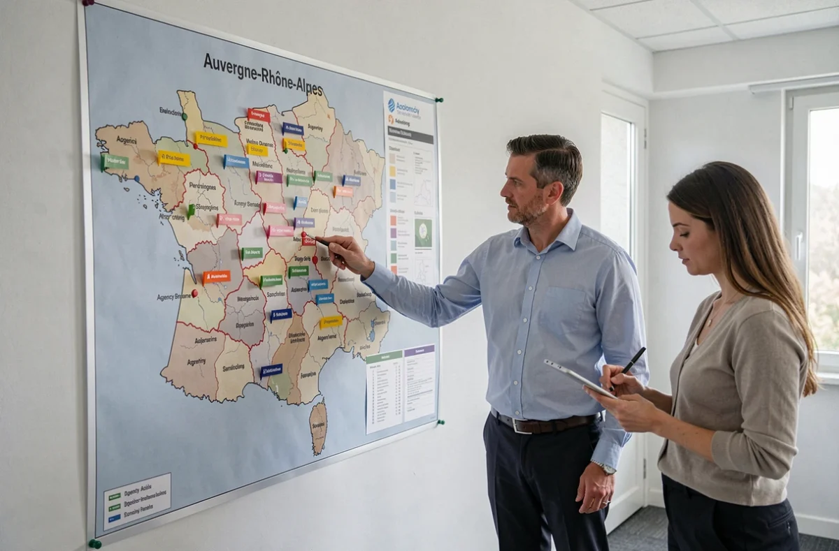 Un manager RAS Intérim présentant la couverture territoriale de l'agence en Auvergne-Rhône-Alpes sur une carte