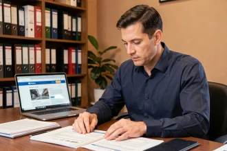 Homme consultant des documents d'entreprise sur le site societe.com pour vérifier des informations sur Hakim Benotmane