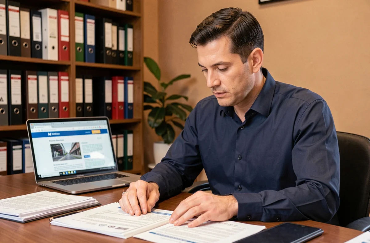 Homme consultant des documents d'entreprise sur le site societe.com pour vérifier des informations sur Hakim Benotmane