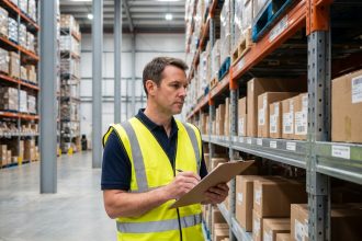 Responsable logistique inspectant des rayonnages industriels métalliques dans un entrepôt professionnel de distribution