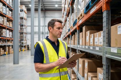 Responsable logistique inspectant des rayonnages industriels métalliques dans un entrepôt professionnel de distribution