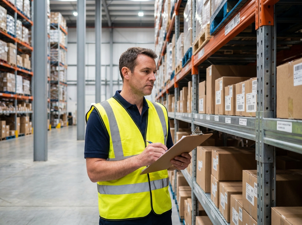 Responsable logistique inspectant des rayonnages industriels métalliques dans un entrepôt professionnel de distribution