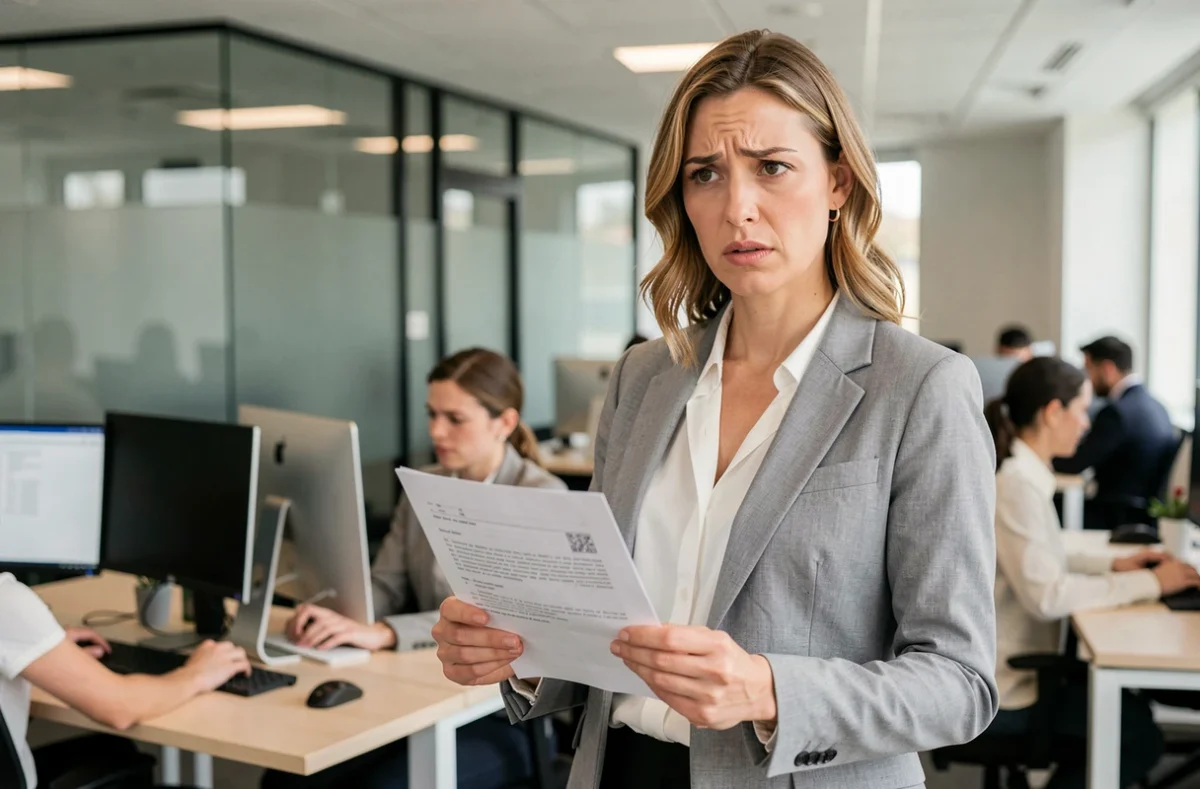 Responsable RH en entreprise tenant un contrat de travail et réfléchissant aux implications juridiques du licenciement sans cause réelle et sérieuse