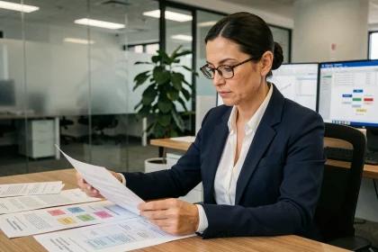Responsable RH en entreprise consultant des documents liés à la Convention Collective 66 à son bureau