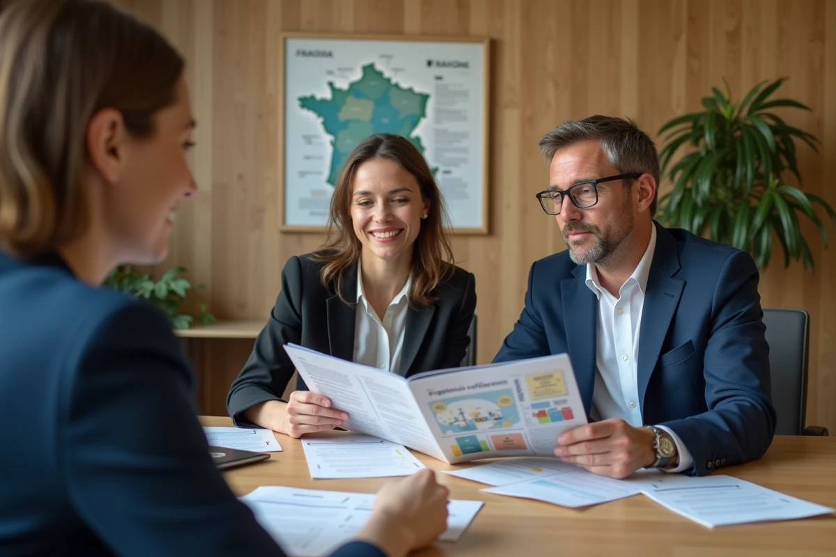 Deux entrepreneurs français en réunion avec un conseiller régional pour obtenir des aides à la création d'entreprise en France en 2026