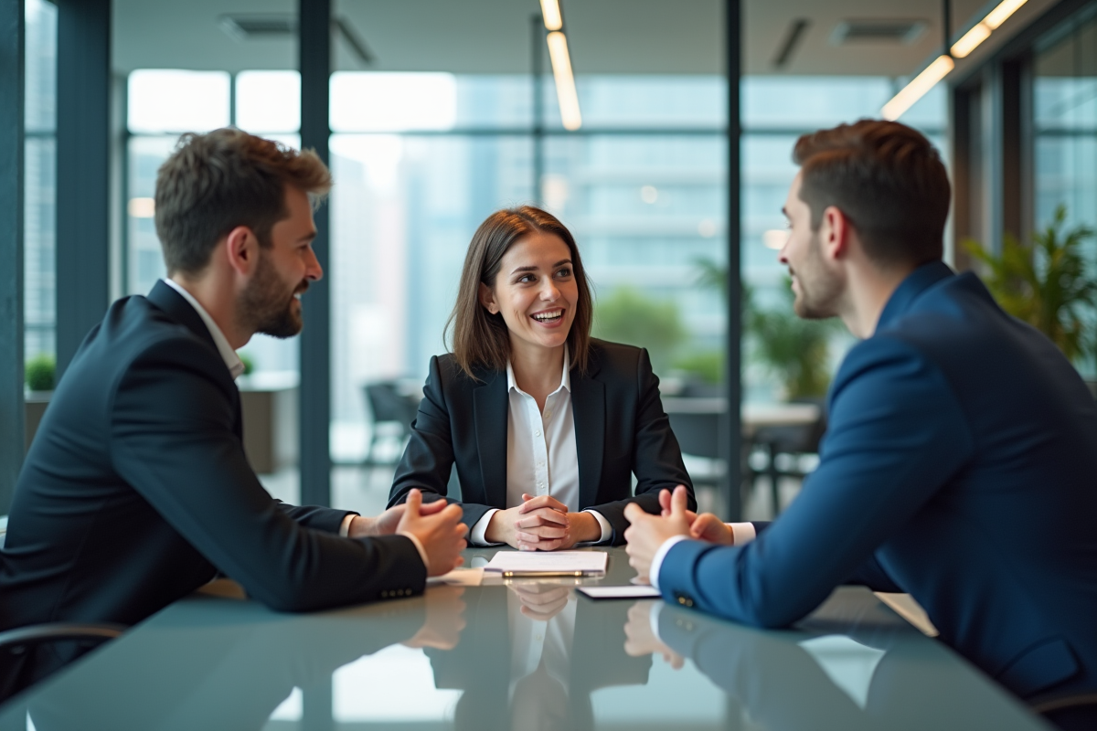 Groupe de trois collègues en réunion dans un bureau moderne
