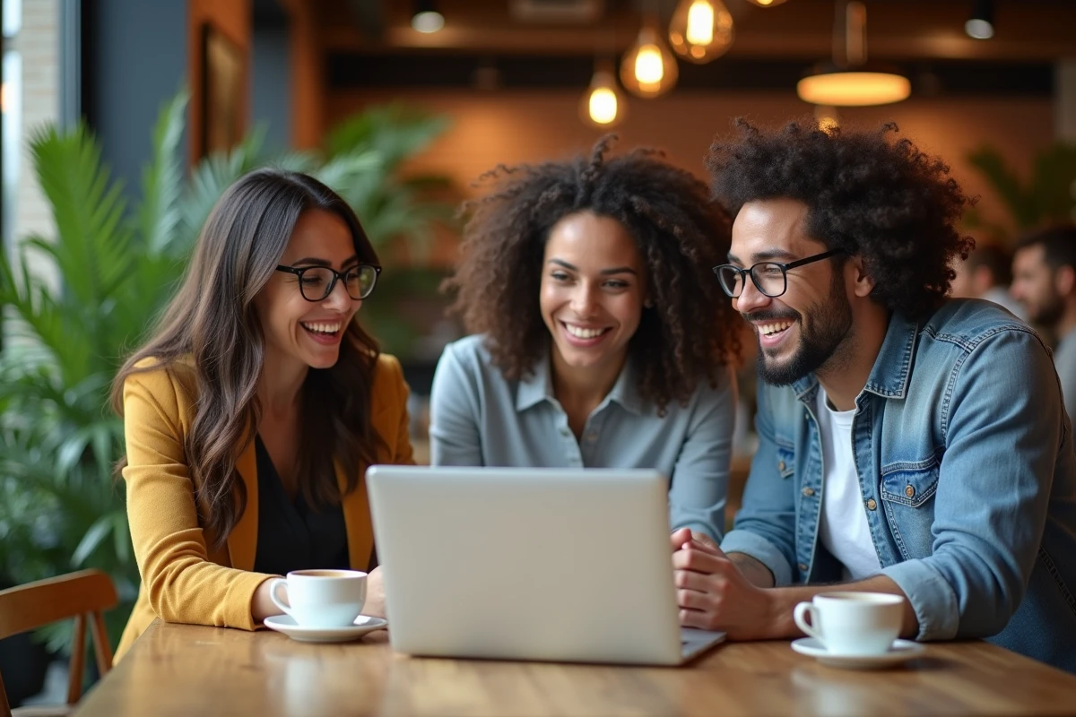 Groupe de marketeurs en réunion dans un café moderne