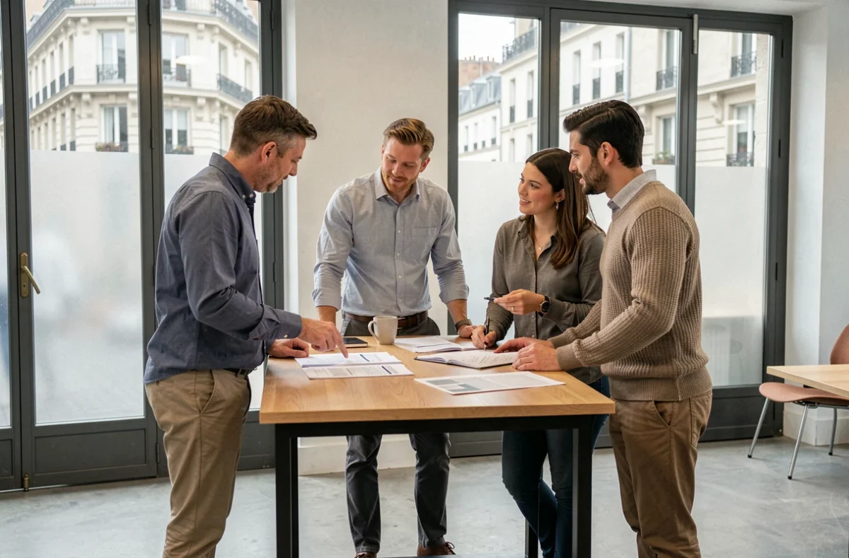 Équipe en réunion informelle dans un espace de coworking moderne à Paris quartier Saint-Lazare