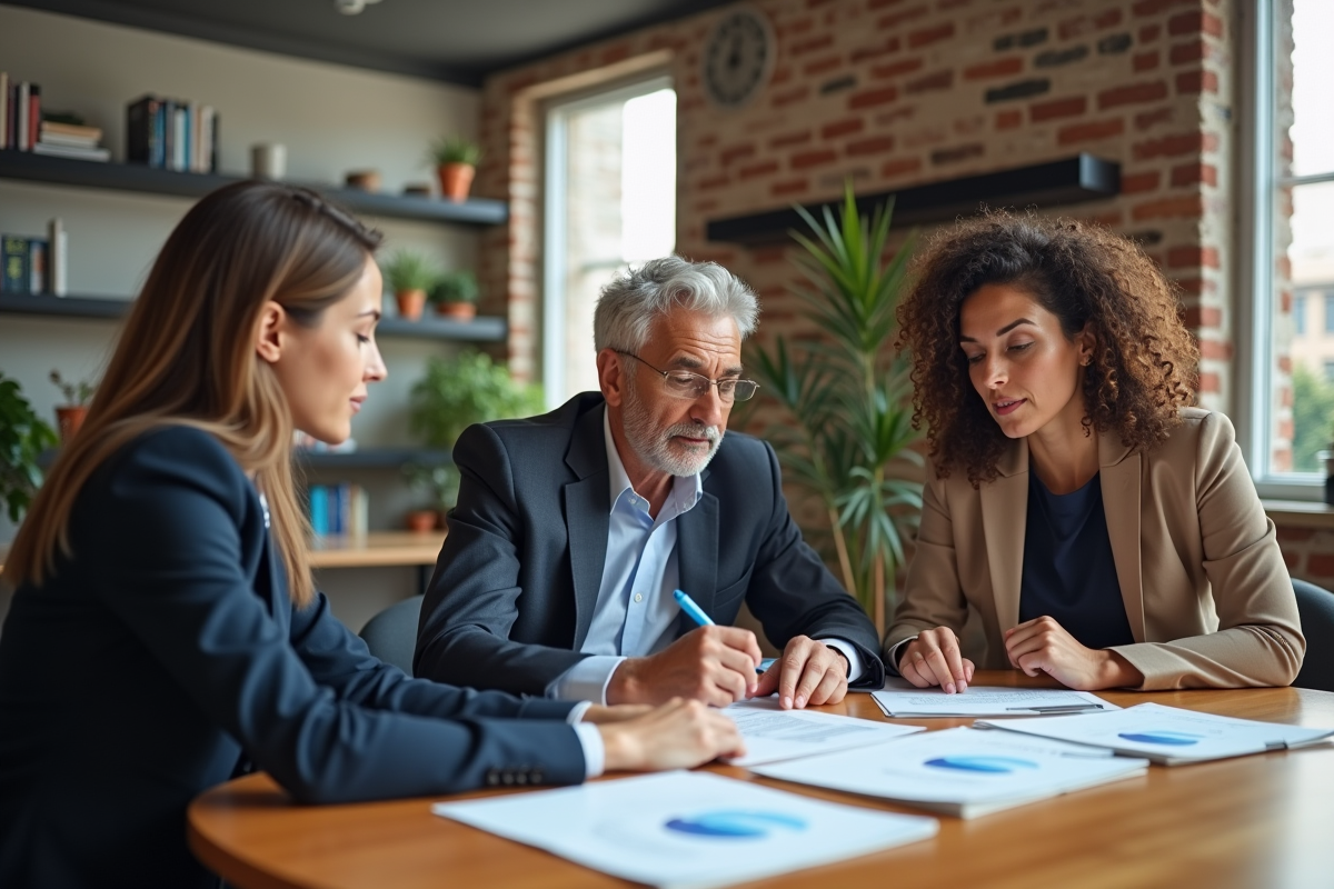 Groupe de professionnels examinant des documents dans un espace de coworking