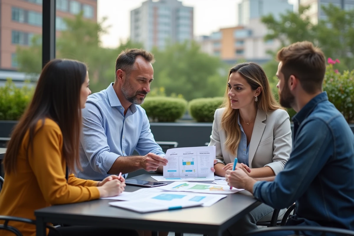Groupe en r&eacute;union en ext&eacute;rieur avec un plan de projet
