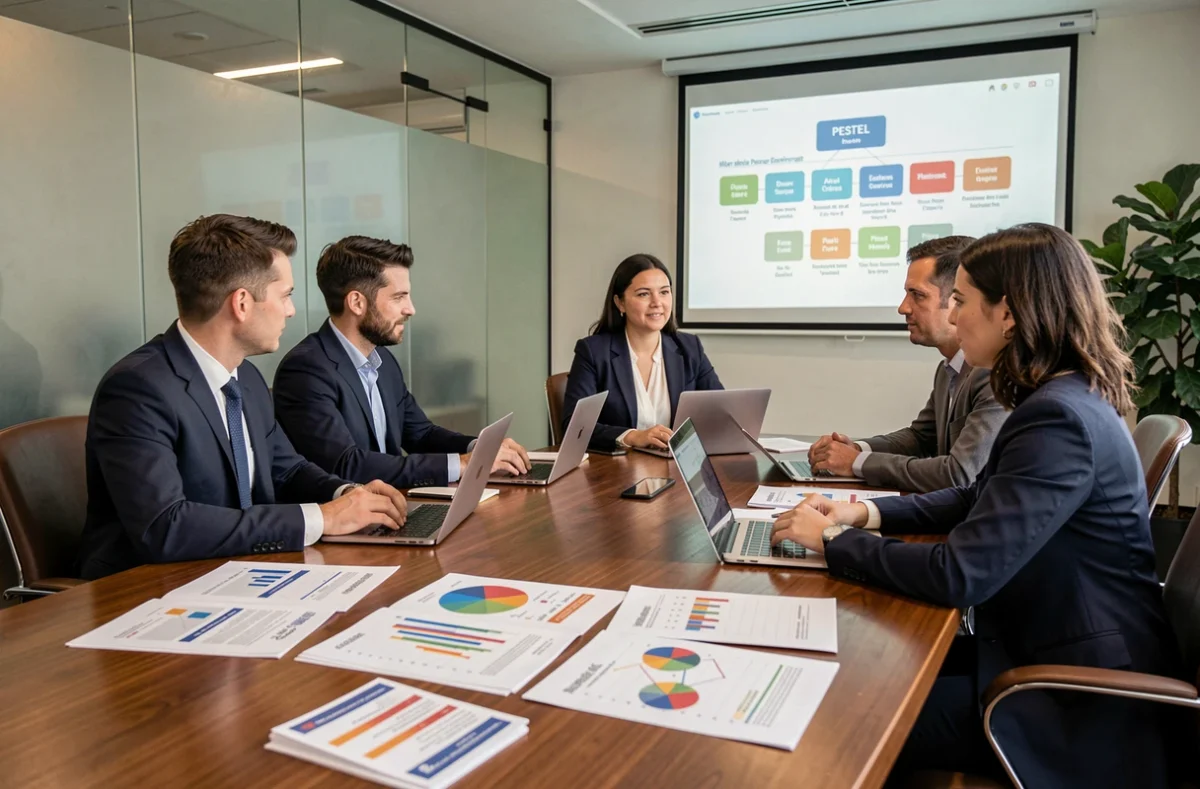 Équipe de professionnels en réunion stratégique autour d'une table avec des rapports d'analyse micro-environnementale
