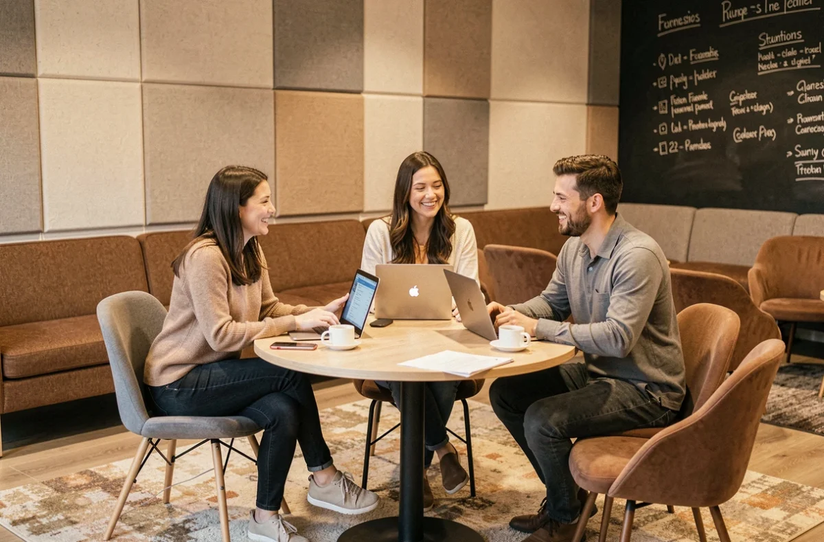 Groupe de travailleurs indépendants en réunion informelle dans le salon d'un espace de coworking à Rezé