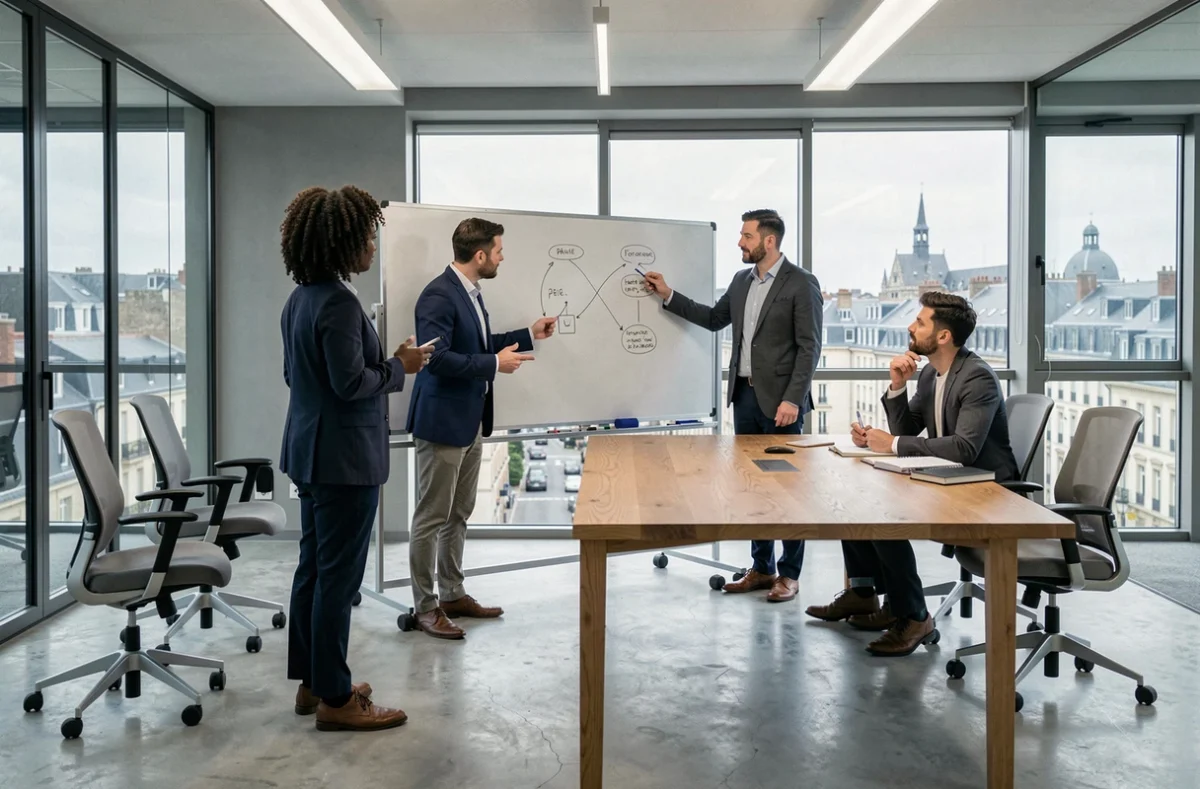 Groupe de professionnels en réunion dans une salle de coworking vitrée à Angers