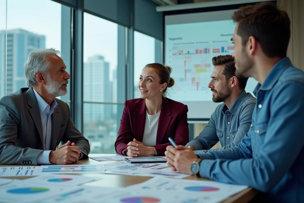 Équipe de professionnels analysant des rapports de lancement de marque et des budgets marketing lors d'une réunion stratégique en salle de conférence
