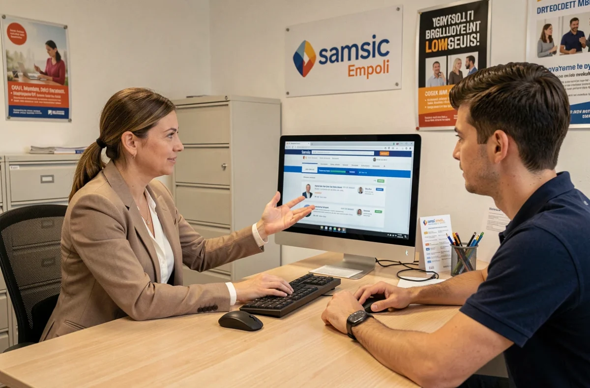 Une conseillère Samsic Emploi présentant des offres d'emploi à un candidat dans l'agence de Meyzieu