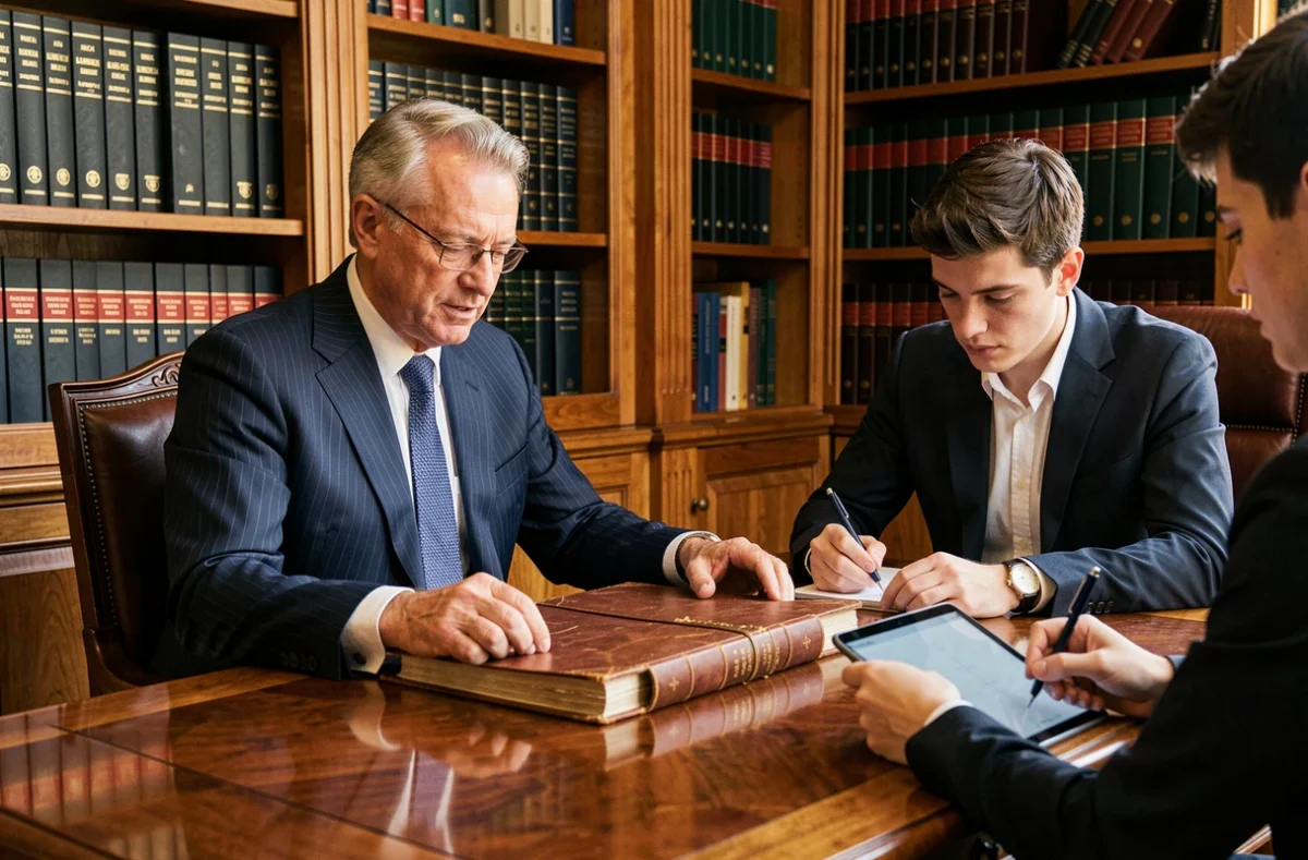 Expert-comptable senior de Scamex Évreux consultant un grand livre comptable avec un collègue dans un bureau classique