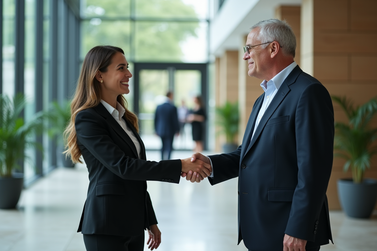 Jeune femme saluant un manager dans un hall professionnel