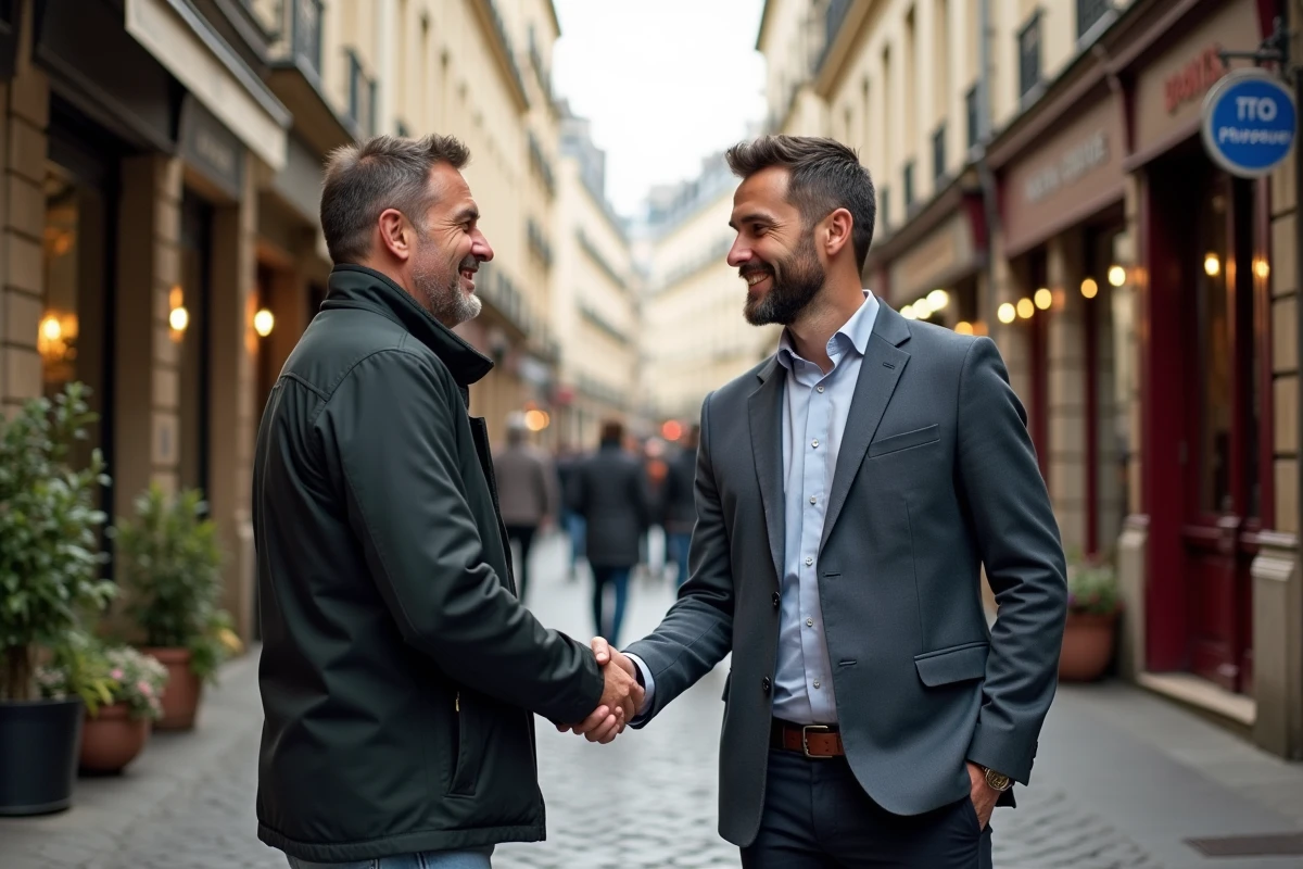 Homme d affaires fran&ccedil;ais serrant la main d un commer&ccedil;ant parisien