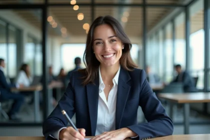 Femme signant un contrat CDI dans un bureau moderne lors d'une transition professionnelle CDD vers CDI