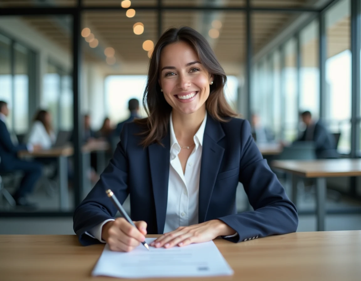 Femme signant un contrat CDI dans un bureau moderne lors d'une transition professionnelle CDD vers CDI