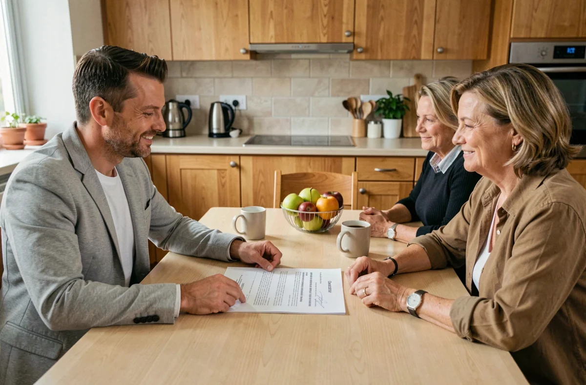 Représentant commercial signant un contrat avec un couple à leur table de cuisine lors d'une vente à domicile réussie
