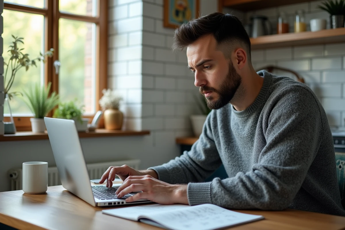 Homme calculant son indemnité de fin de CDD sur un ordinateur portable depuis son domicile avec des notes manuscrites