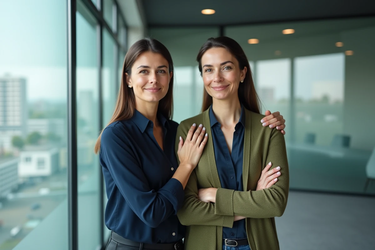 Deux collègues féminines se soutenant mutuellement près d'une fenêtre de bureau, geste de réconfort professionnel et chaleureux