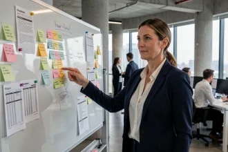 Responsable marketing B2B analysant des comptes cibles sur un tableau blanc avec des notes et des organigrammes dans un bureau moderne