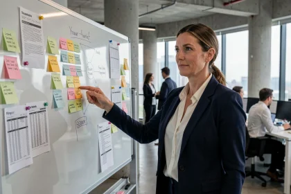 Responsable marketing B2B analysant des comptes cibles sur un tableau blanc avec des notes et des organigrammes dans un bureau moderne