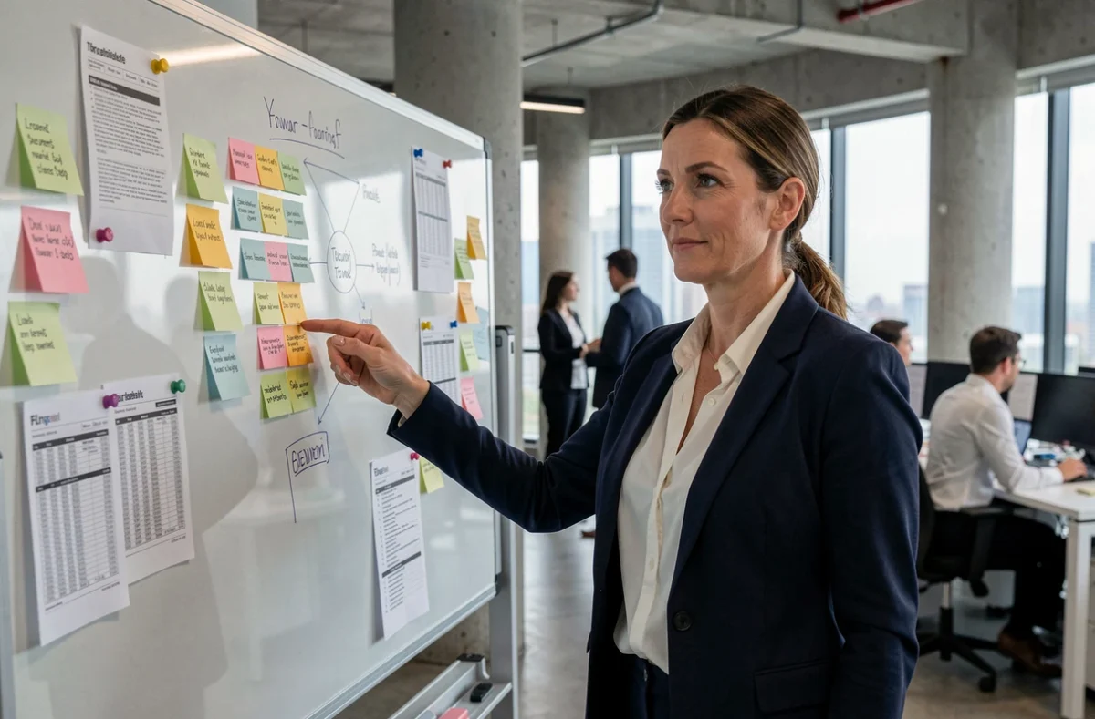 Responsable marketing B2B analysant des comptes cibles sur un tableau blanc avec des notes et des organigrammes dans un bureau moderne