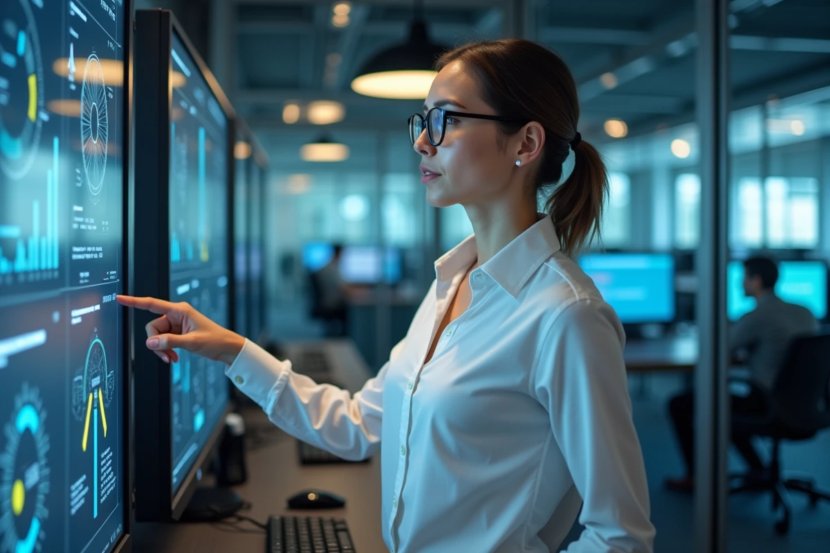 Administratrice systèmes supervisant le déploiement d'un logiciel sur des écrans de monitoring dans un centre opérationnel informatique