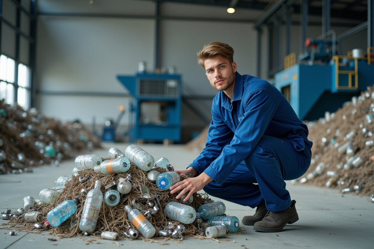 Jeune technicien en combinaison bleue dans un centre de recyclage moderne