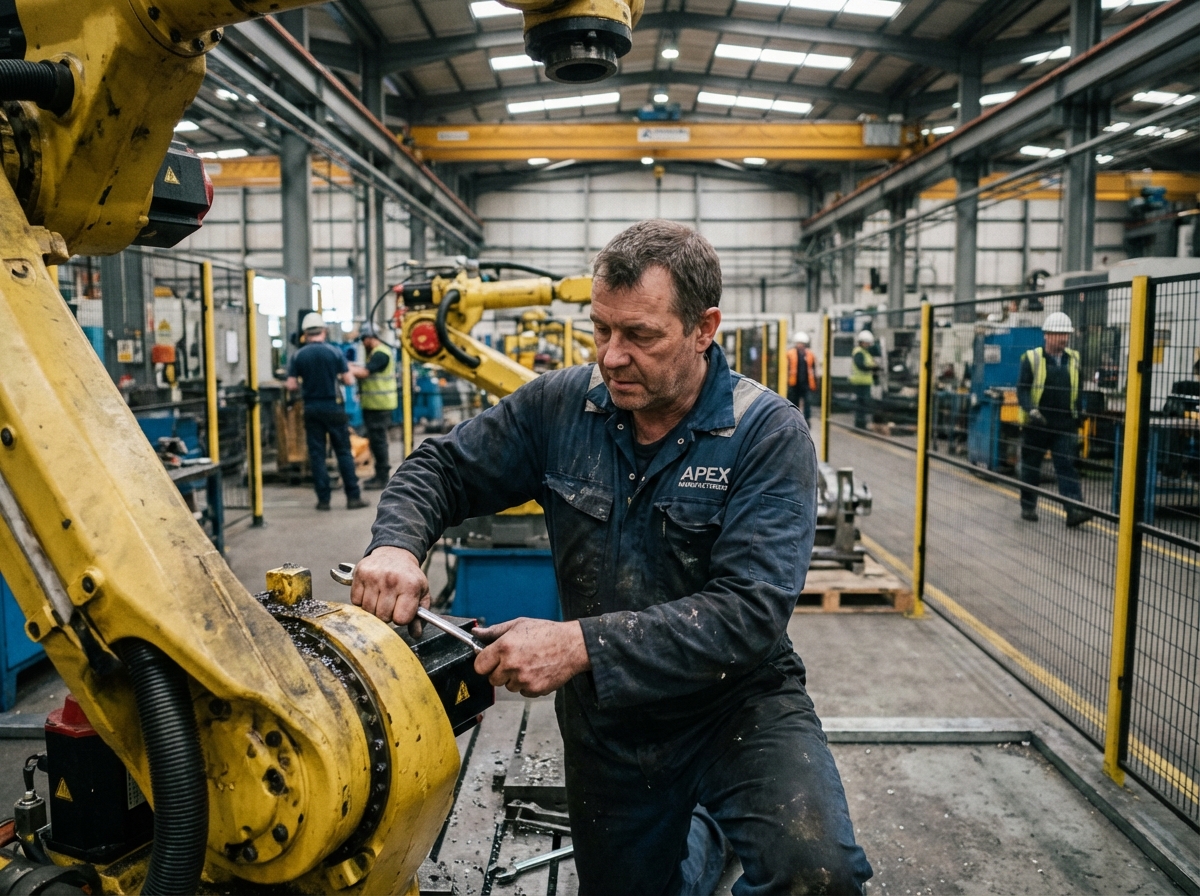 Technicien en uniforme r&eacute;parant un bras robotique industriel