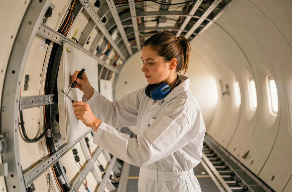 Technicienne aéronautique installant des panneaux intérieurs dans la cabine d'un avion commercial en cours d'assemblage
