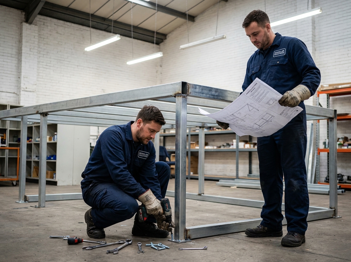 Deux techniciens en uniformes de travail assemblant une structure de mezzanine modulaire dans une réserve commerciale professionnelle