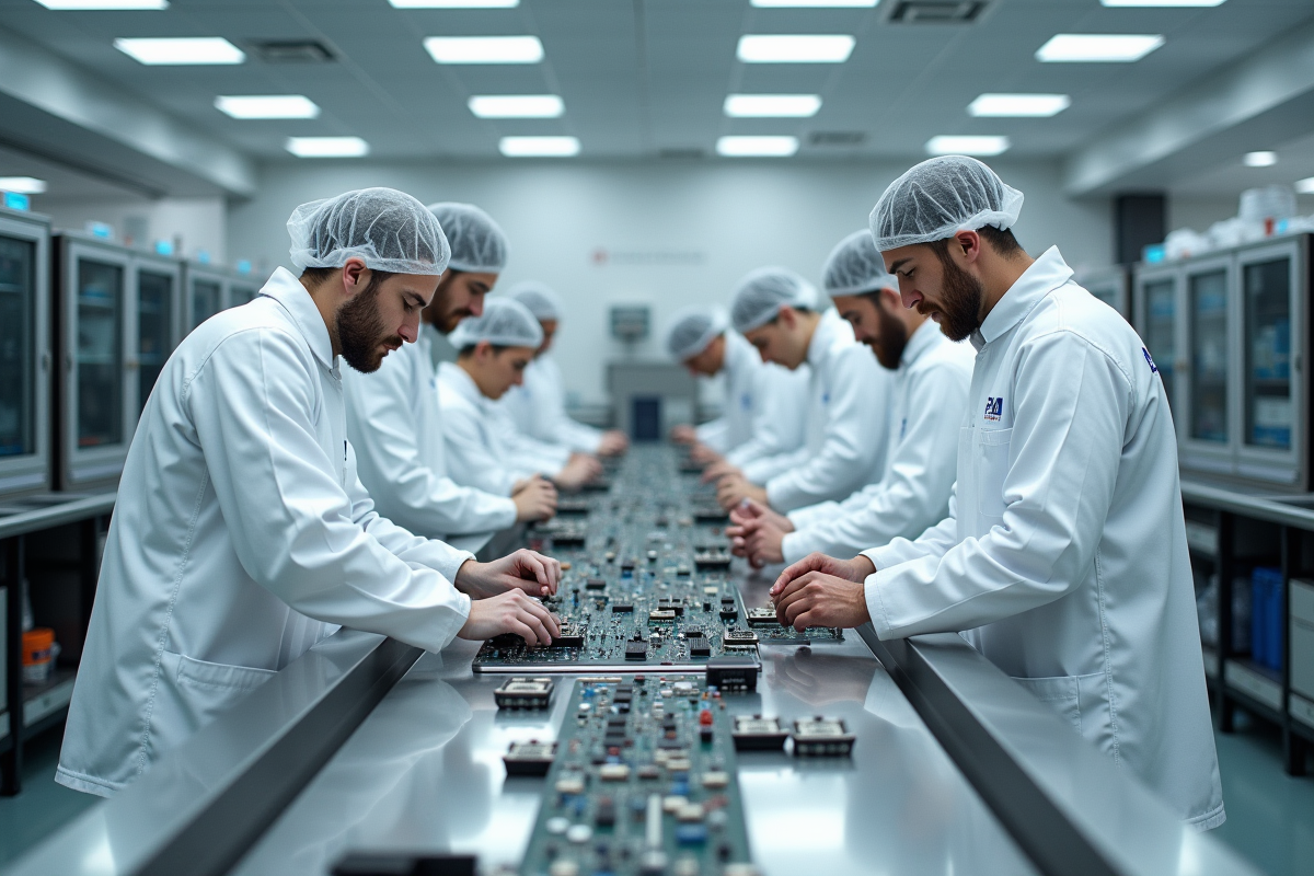 Techniciens en salle propre assemblent des composants électroniques