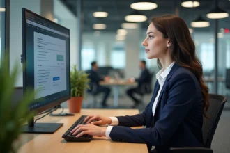 Professionnelle engagée dans un test de recrutement gamifié sur ordinateur dans un bureau moderne
