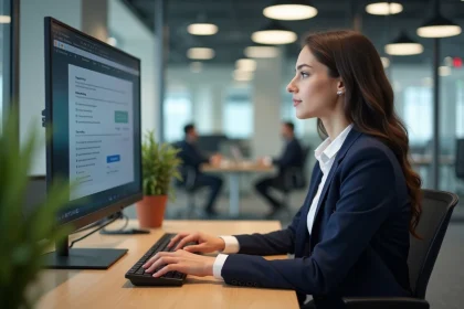Professionnelle engagée dans un test de recrutement gamifié sur ordinateur dans un bureau moderne