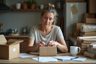 Femme emballant des colis à domicile sur une table de cuisine encombrée, illustrant le travail à la pièce
