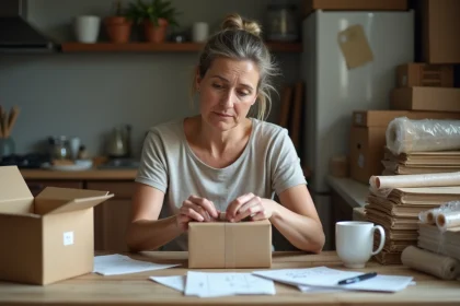 Femme emballant des colis à domicile sur une table de cuisine encombrée, illustrant le travail à la pièce