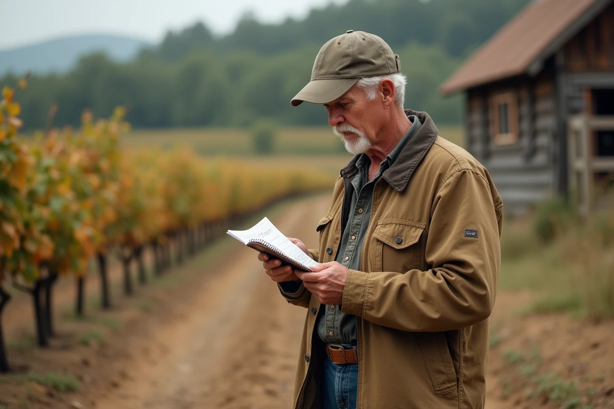 Travailleur saisonnier agricole consultant son planning de jours travaill&eacute;s dans un champ en fin de saison estivale