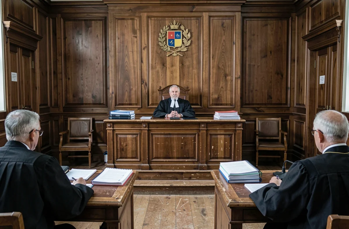 Salle d'audience d'un conseil de prud'hommes en France avec un juge et des avocats lors d'un litige relatif au licenciement abusif