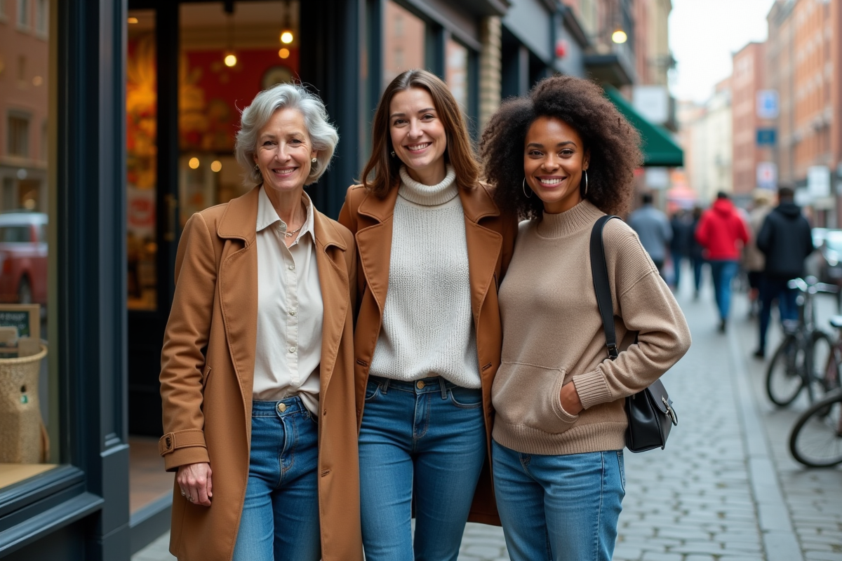 Trois entrepreneurs devant leur boutique en ville dynamique