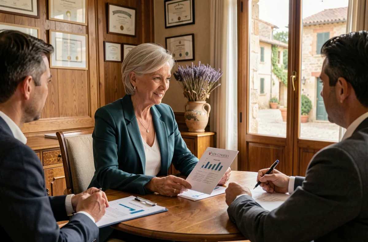 Consultante VDA Conseils présentant une stratégie de recrutement personnalisée à des clients en Provence