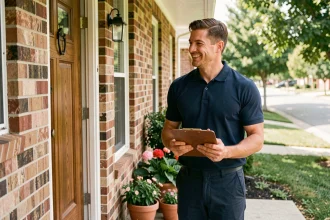 Vendeur porte-à-porte souriant face à un propriétaire sur le seuil d'une maison en brique, tenant un clipboard professionnel