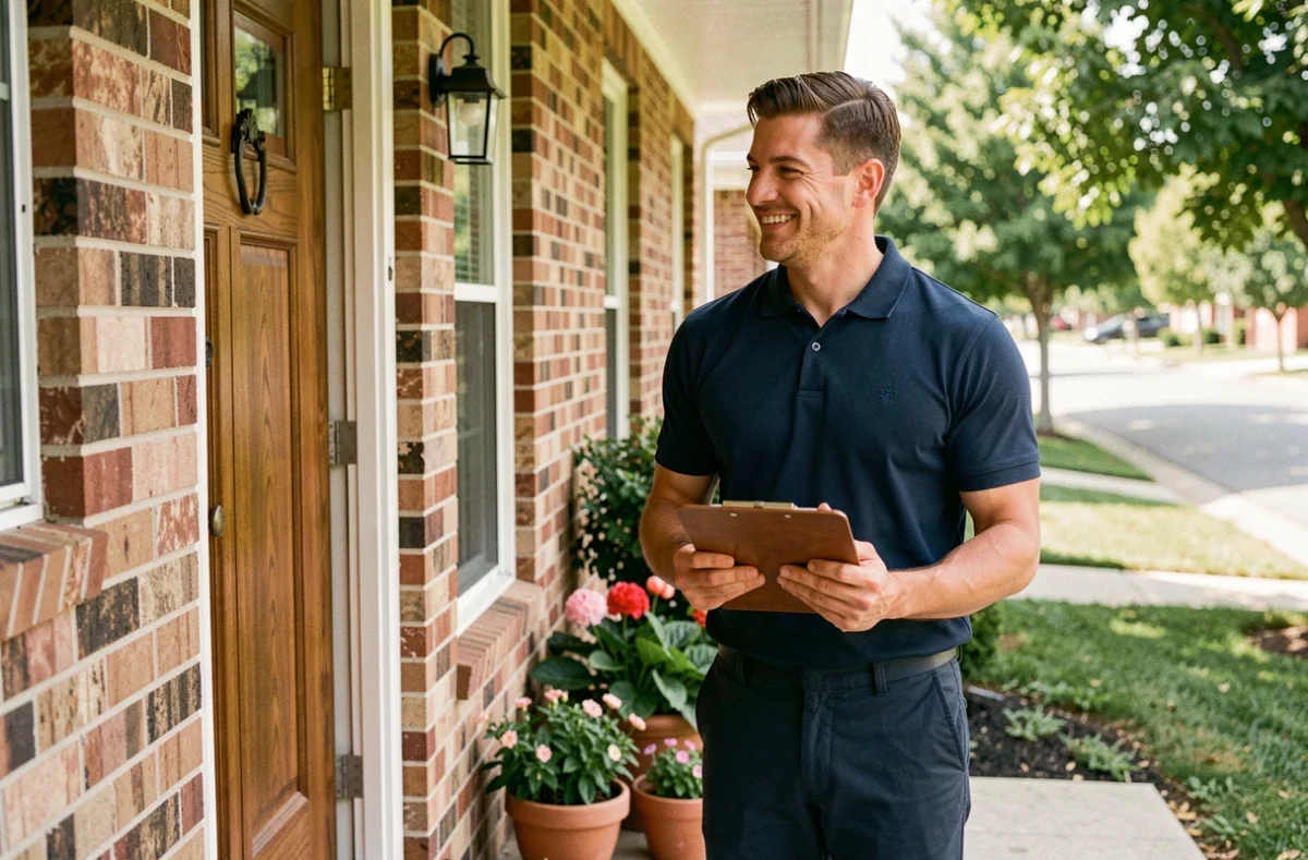 Vendeur porte-à-porte souriant face à un propriétaire sur le seuil d'une maison en brique, tenant un clipboard professionnel