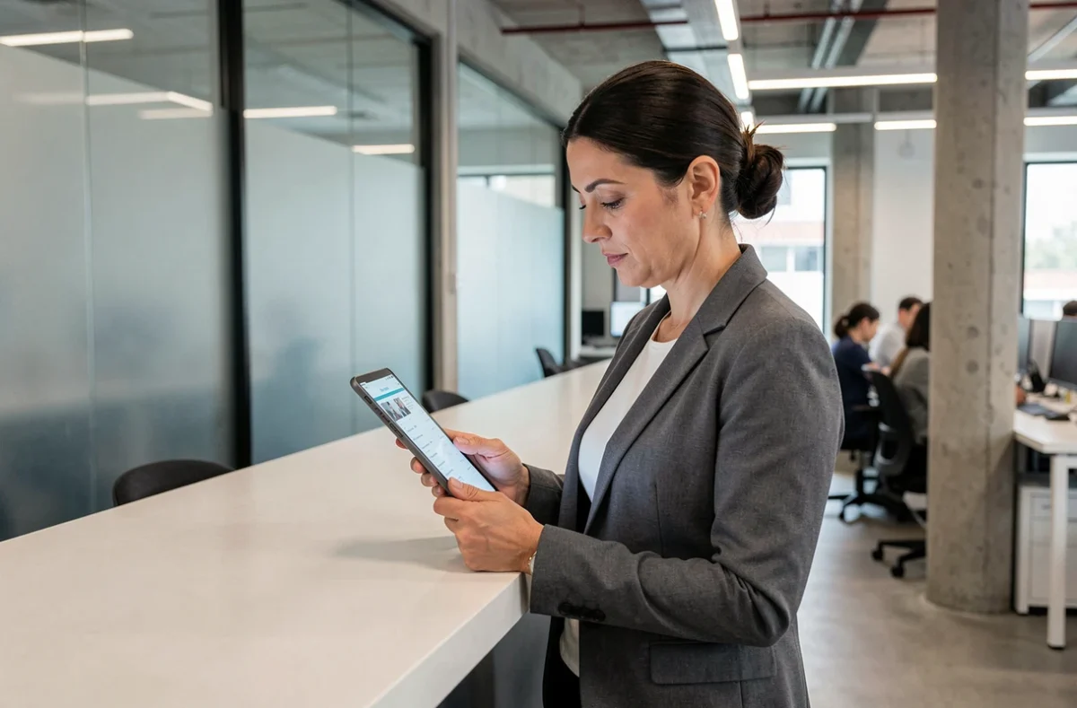 Femme vérifiant des informations d'une société sur une tablette dans un espace de coworking moderne