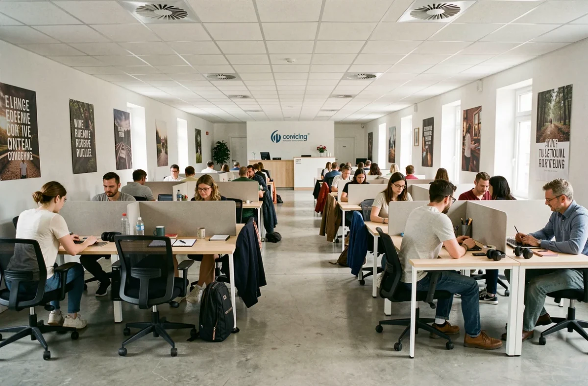 Vue d'ensemble d'un espace de coworking partagé à Carquefou avec des professionnels travaillant à des bureaux individuels dans un cadre moderne